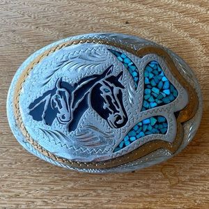 Vintage Wil-Aren Originals Silver Horse Belt Buckle w Turquoise Inlay